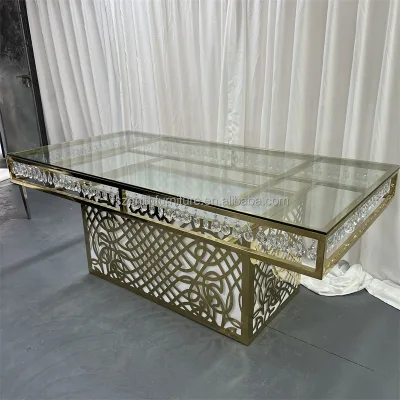 New Arrival Popular Golden Rectangle Dining Table Glass Mirror Wedding Cake Table With Crystal