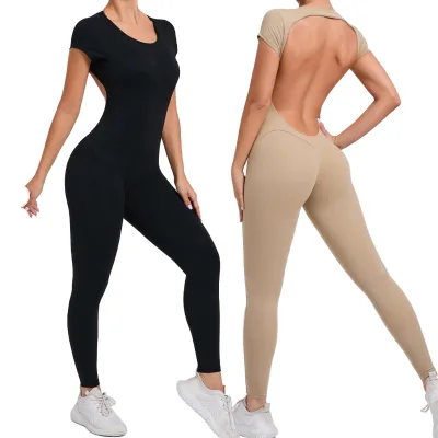 Women's Short Sleeve Open Back Slim Fit Sculpting Activewear Unitard With Tummy Control Butt Lifting Design One Piece Jumpsuit