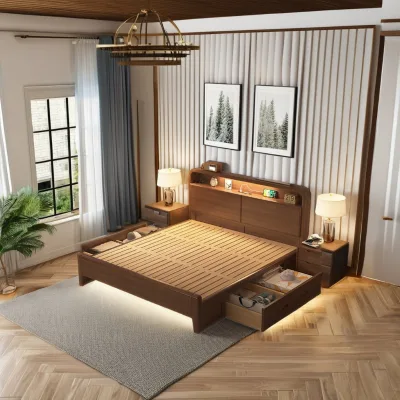 Solid Wood Furniture Custom Customizable All- Solid Wood Hotel & Apartment Bed Modern Simple Style Single & Double Bed Bunk Feature Storage Small Spaces