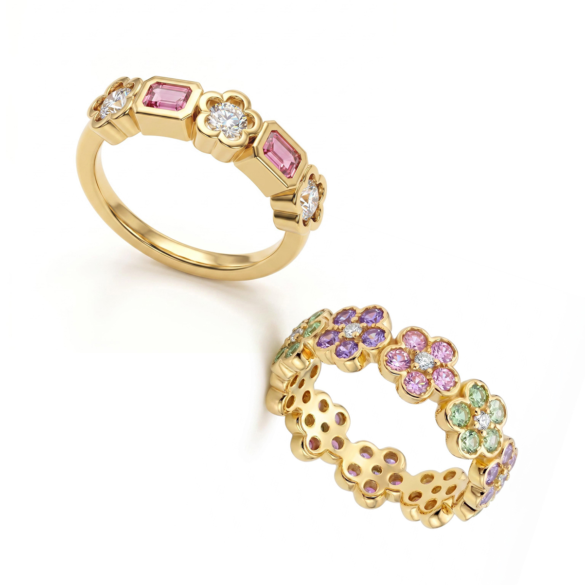 Gemnel 925 Silver Multi Color Floral CZ Stack Band Ring Bezel Baguette Petal Shape Crystal Eternity Ring