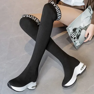 Over Knee Boots Black Elastic Cloth Sock Sneaker Boots with PU Midsole Rubber Outsole for Womens Autumn Winter Seasonal Styling