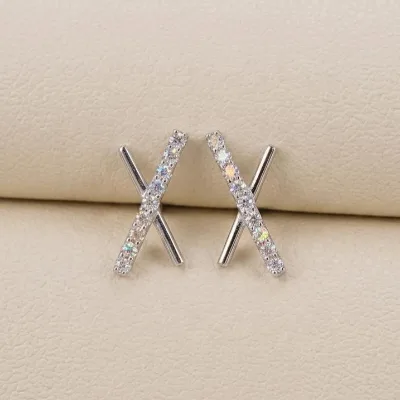925 Sterling Silver Criss Cross Moissanite Stud Earrings Full Paved GRA VVS1 Moissanite X Bar Shaped Minimal Women Fine Jewelry