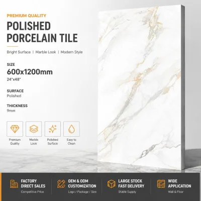 Modern Glossy Finish Large OEM Custom White Marble Look Polished Porcelain Tile Borders for Interior Floor and Wall