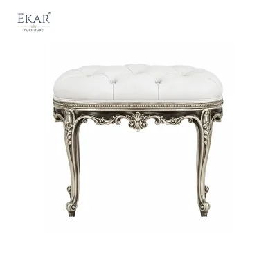 Valence Argento Neoclassical Vanity Stool | Luxury French Classical Silver-Gilded Seating - EKAR