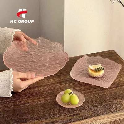 2025 New Design Irregular Glacier Glass Fruit Plate Restaurant Pink Dessert Serving Dish Food Plate Set