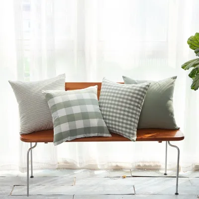 Canvas Leisure Plaid Striped Bean Green Pillow Case Living Room Sofa Simple Pillow Cover
