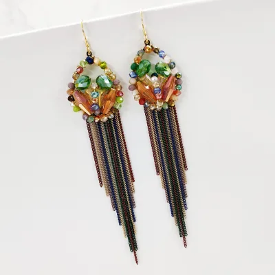 Fashion Jewelry Bohemian Summer Boho Long Chain Handmade Ethnic Colorful Crystal Stylish Tassel Hanging Drop Earrings for Women