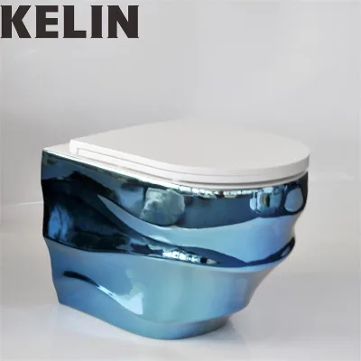 Fully Plated Blue Wave Shape Design Sanitary Luxury Wall Mounted Shiny Water Closet Bathroom Ceramic Rimless Toilet Bowl