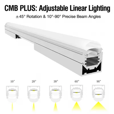 CMB PLUS Adjustable LED Profile 20x25.4mm 6063 Aluminum PMMA Lens 10-90° Beam Angle for Surface Mount and Suspension Lighting