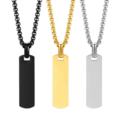 Spot Stainless Steel Smooth Rectangular Pendant Necklace Electroplated 18k Gold Steel Black Simple Men's Necklace Custom logo