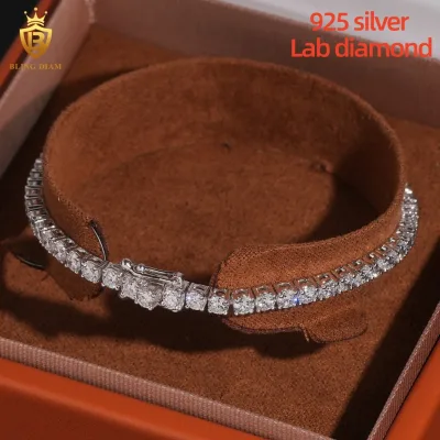 Hot Sale HipHop 3mm VVS Iced Out Lab Diamond Tennis Chain Bracelet 925 Silver Synthetic Diamond Tennis Chains Pass Diamond test