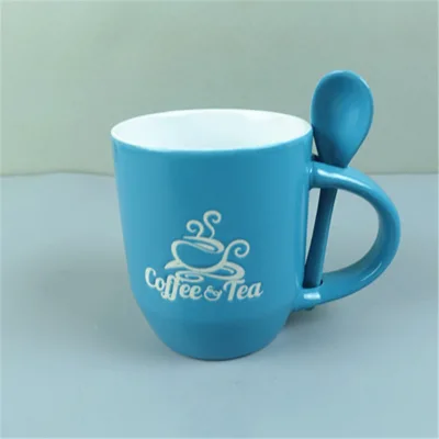 14oz silk printing ceramic coffee mug with spoon nice shape spoon coffee mug tea cup ceramic
