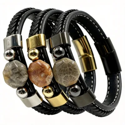 New Fashionable Natural Stone Braided Rope Leather Bracelet Personalized Retro Stainless Steel Magnet Buckle Gift Customization