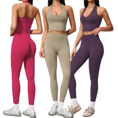 Professional Women Slim Fit Yoga Pilates 2 Piece V-neck Backless Top Hip Lifting Leggings Fitness Workout Wear Solid Outdoor Set