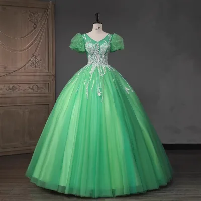 Elegant Forest-themed Green Performance Piano Singing Hosting Puffy Dresses