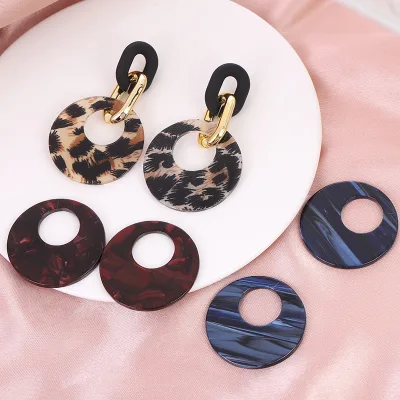 Fashion Women Alloy Gold Plated Round Stud Earrings Leopard Print Acrylic Dangle Drop Earrings
