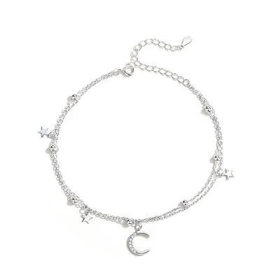 Starry Sky Crescent Moon Star Pattern Double-Layer Zircon Minimalist Anklet 925 Sterling Silver Rhodium Plated Korean Version