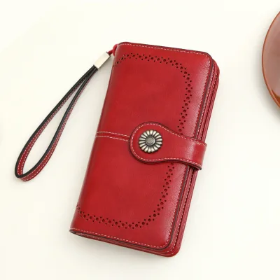 Cross-Border Bestseller: RFID Blocking Vintage Waxed Leather Wallet - Women's Hollow-Out Design Large Capacity Clutch Purse