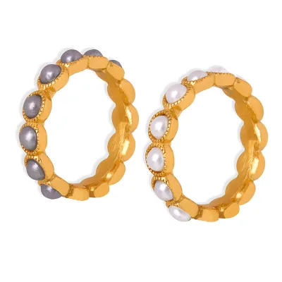 Stainless Steel Elegant Mini Pearls Ring Full Inlaid Grey White Shell Pearls 18K Gold Plated Pearl Ring Designs for Women