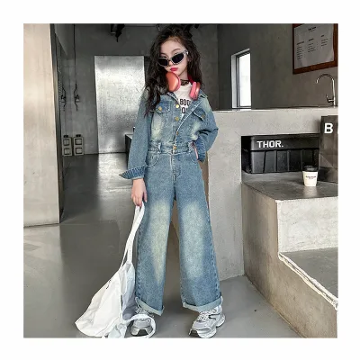 2025 New Arrival Children Clothing Cool Teens Girls Wear Waist Girls Denim Jumpsuit Wide Leg Street Wear Teenager Girls Clothing