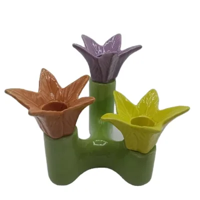 Tabletop Flower Ceramic Candelabra with 3 Arm, Decorative Ceramic Flower Candle Holder Personalized