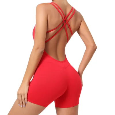 European American Women's Yoga Fitness Jumpsuit Peach Pleated Buttocks Embarrassing Lines Backless Sports Jumpsuit Set Shorts