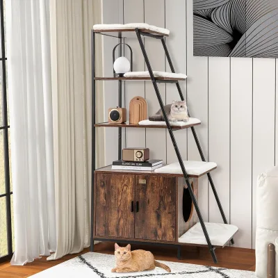 Wooden Three-tiered Ladder-style Cat Furniture with Doors and Removable Plush Cushions Cat Enclosure Fence
