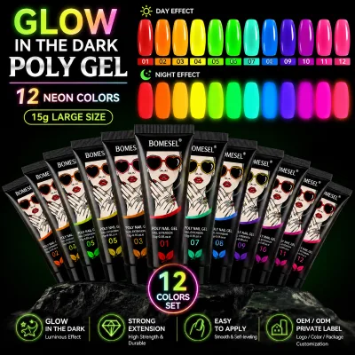 OEM Private Label Glow in the Dark Poly Gel 12 Colors UV Neon Nail Builder Gel Extension 15g Wholesale Hot Selling Long Lasting