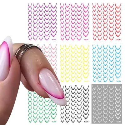 12 Colors Flexible Curved Line Nail Art Stickers 3D Smile Gradient Effect Thin French Line Nail Sticker & Decals