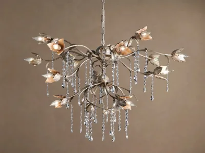 Round Floral Branch Chandelier Distressed Silver Gold Metal With Crystal Drops Ceiling Pendant Light for Foyer Dining