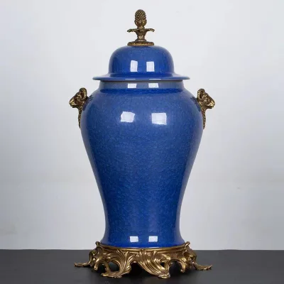 Ice crack blue aged ceramic ginger jar vase with bronze accessories for home decoration