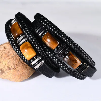 European American Cross-Border Best-Selling Unisex Tiger Eye Stone Multi-Layer Rope Leather Wrap Bracelet Magnetic Clasp Trendy