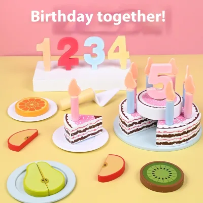 Children's Double Layer Wooden Birthday Cake Toy Educational Pretend Play Kitchen Food Fun Cake Cutting Box Great Birthday Gift