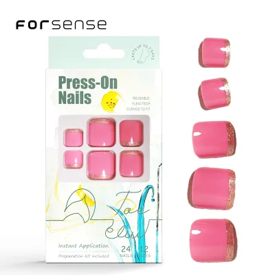 wholesale prices gold french designs false foot nails bling glitter manicure feet nail tips pink square toe press on nail supply