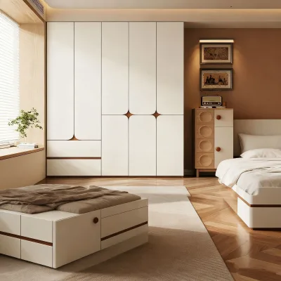 Modern Rustic Broom Cupboard Melamine Faced Board Bedroom Wardrobe Shaker Doors Sliding Mechanism Stainless Steel Handles