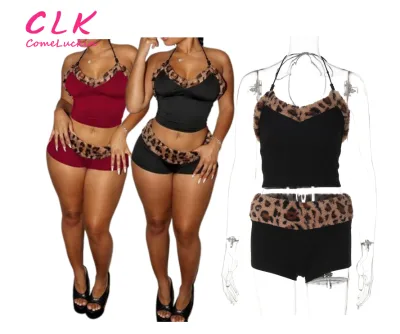 New Fashion Sexy Women 2 Pieces Shorts Set Lace-up Halter Sleeveless Crop Top Leopard Print Patchwork Two Piece Shorts Set