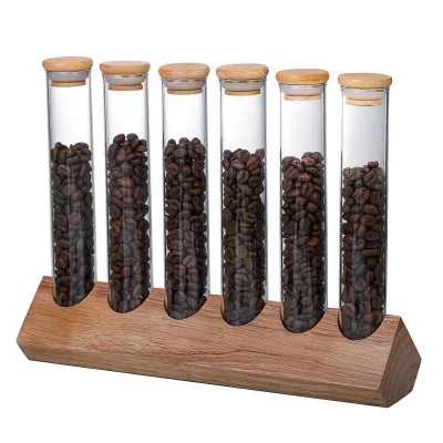 Best Selling Coffee Beans Glass Storage Jar Wooden Coffee Beans Flower Tea Display Rack Stand
