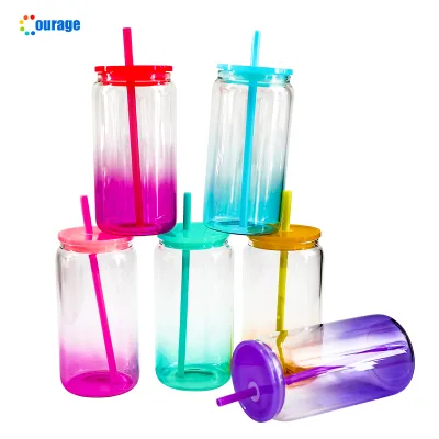 Gradient 16oz Colorful Sublimation Blank clear Glass Can Sublimated Tumbler Coffe Cup with Lid Straw