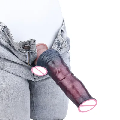 FAAK Black Liquid Silicone Extension Dildo Sleeve Artificial Horse Penis Sleeve for Male Delay Ejaculation