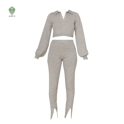 Wholesale Custom Slim Polo Neck Crop Sweater Top and Split Flare Joggers Tracksuit Gym 2pc Plain Knitted Women'S Sweater Set