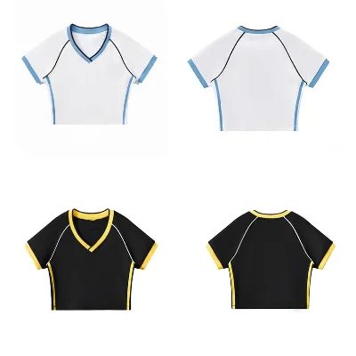 V Neck Color Block Patchwork Tee Hot Girl Crop Top Women's Street Trendy Summer Short Sleeve T-shirt