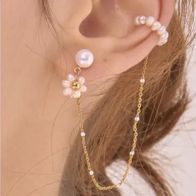 Elegant and Refined 18K Gold Stainless Steel Pearl Flower Chain Ear Clip Earrings