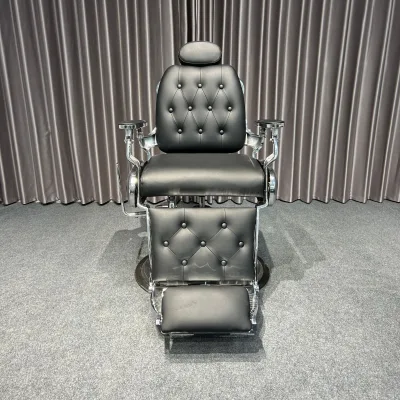 European Heavy-Duty Black Barber Chair with Flat Seat Modern Salon Furniture for Barbershop Use Made of Metal
