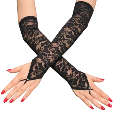 Fashion Items Sexy Floral Print Mittens Fingerless Gloves Women Stretch Long Hook Finger Bright Diamond Lace Gloves