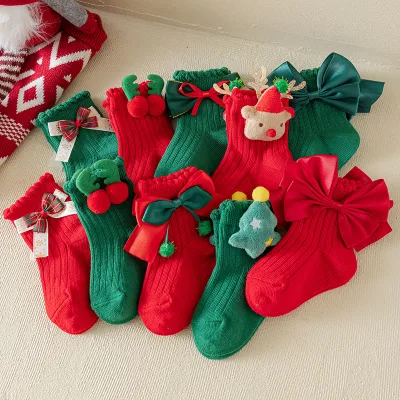 Children Christmas Stockings, Autumn/winter Girls Socks, Red Cartoon-style Cute Baby New Year Socks, Little Girls Princess Socks
