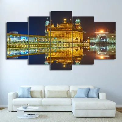 5 Piece Night Light Scenery Famous Indian Landmark Sikh Gurdwara Golden Temple Landscape Canvas Painting Room Decor Wall Art