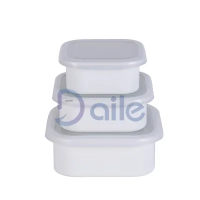 Custom Color 3psc Set White Enamel Storage Bowl Cast Iron Enamel Ice Bowl Sets with Plastic Lid