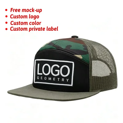 Custom 3D Embroidery Logo Casual Mesh Fabric Quick Dry 7 Panel Breathable Adjustable Snapback Baseball Caps for Outdoor Sports