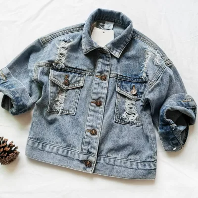 HIPPO KIDS 2-7Y New Spring Autumn Kids Jacket for Girls Ripped Holes Children Jeans Coats Boys Girls Denim Outerwear Costume