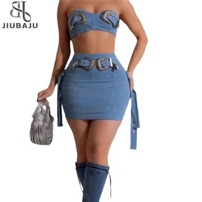 Denim Strapless Sleeveless Adjust Belt Top + Skirt Sets Street Casual Two 2Piece Set